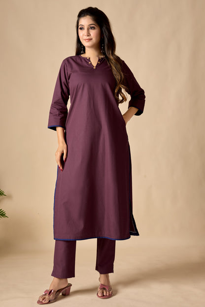 Wine Cotton Straight Kurta Set