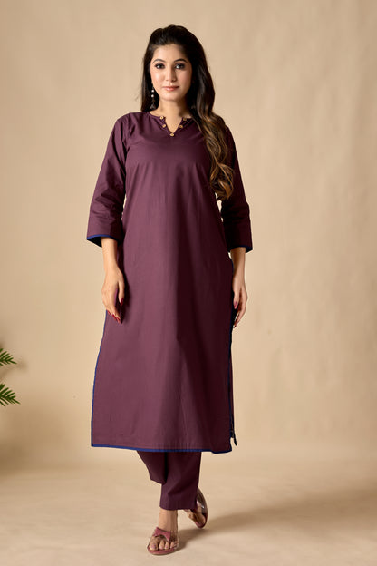 Wine Cotton Straight Kurta Set