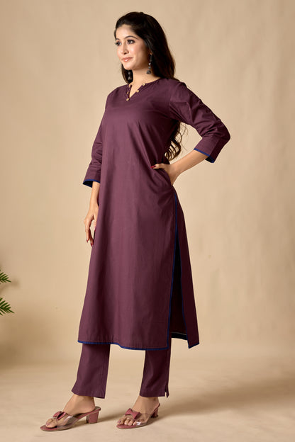 Wine Cotton Straight Kurta Set