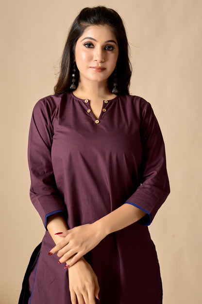 Wine Cotton Straight Kurta Set