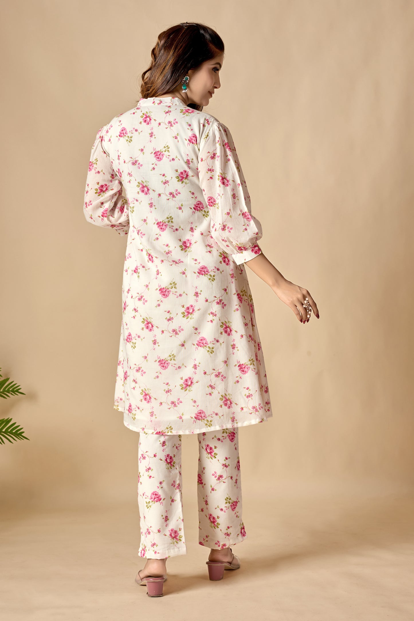 White Pure Cotton Floral Printed A-line Tunic Sets