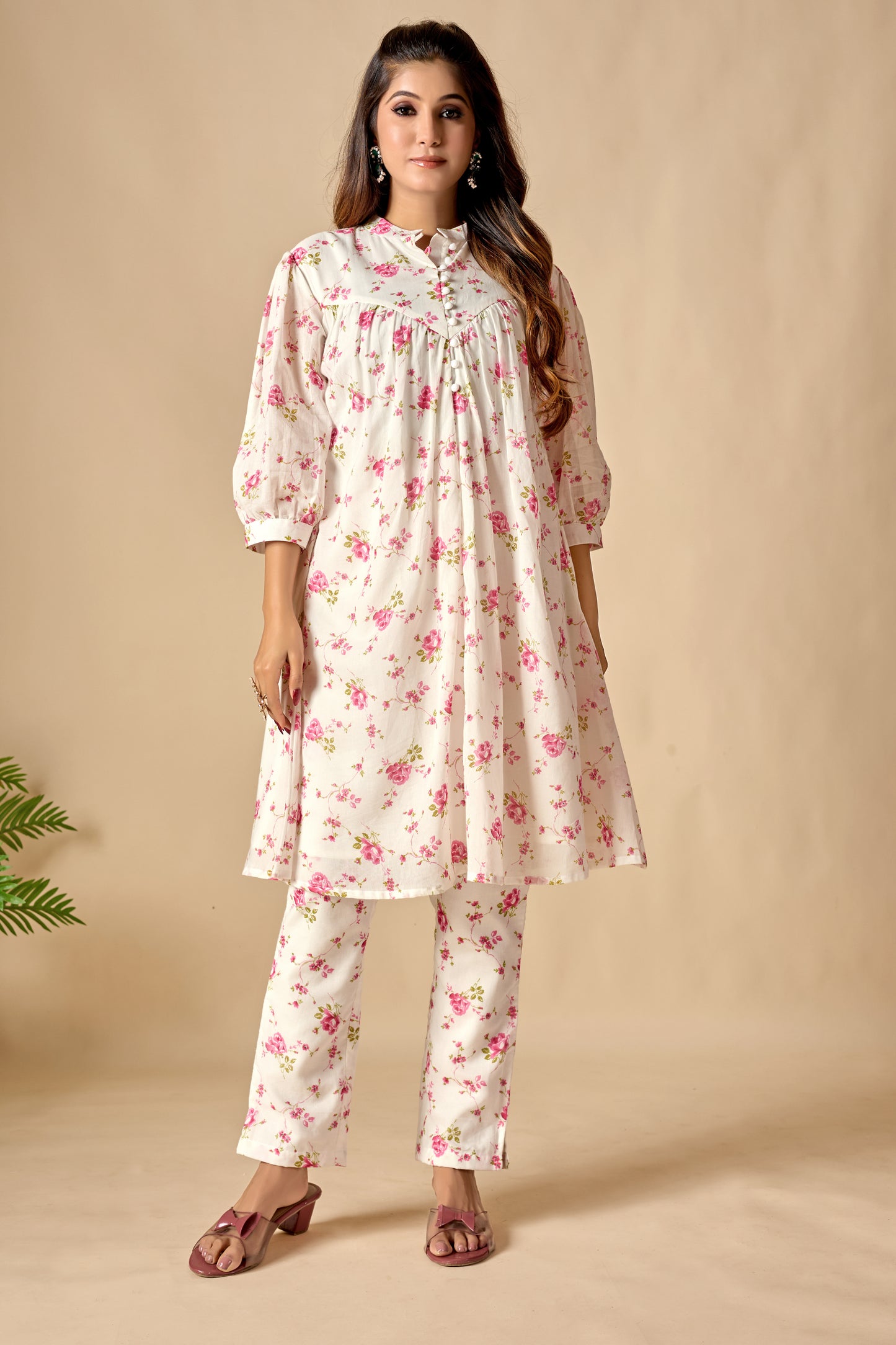 White Pure Cotton Floral Printed A-line Tunic Sets