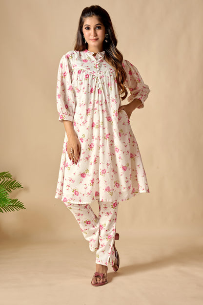 White Pure Cotton Floral Printed A-line Tunic Sets