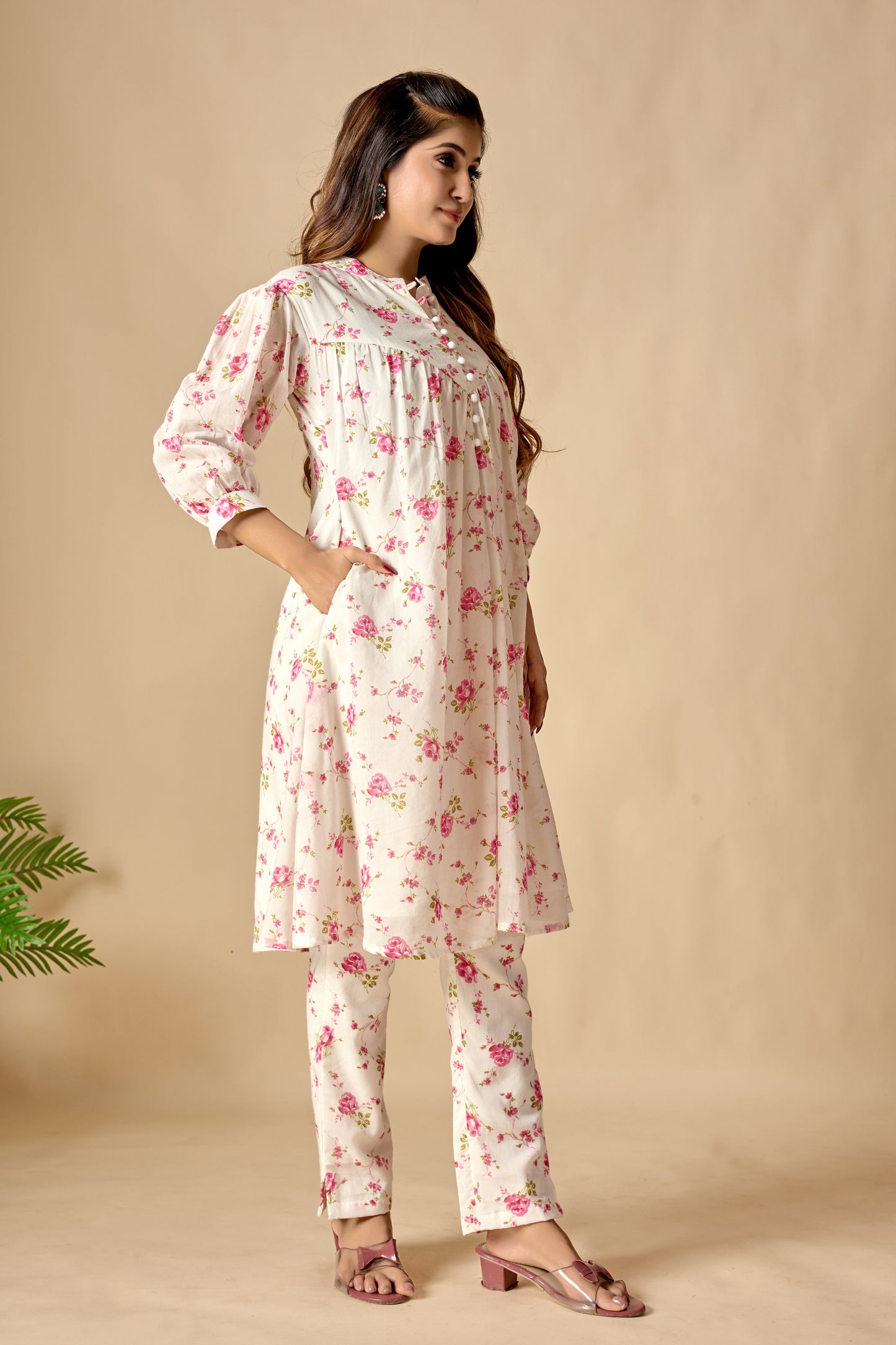 White Pure Cotton Floral Printed A-line Tunic Sets