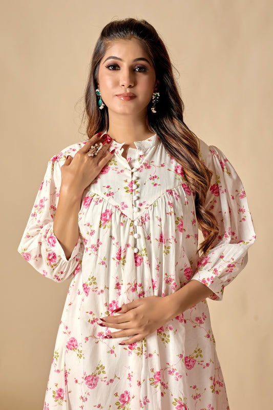 White Pure Cotton Floral Printed A-line Tunic Sets