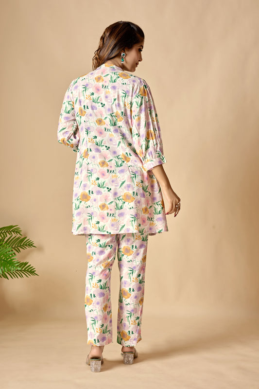 White Pure Cotton Floral Printed A-line Tunic Set