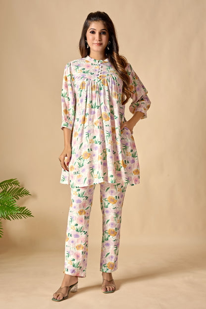 White Pure Cotton Floral Printed A-line Tunic Set