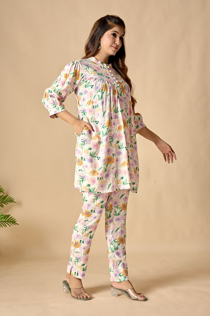 White Pure Cotton Floral Printed A-line Tunic Set