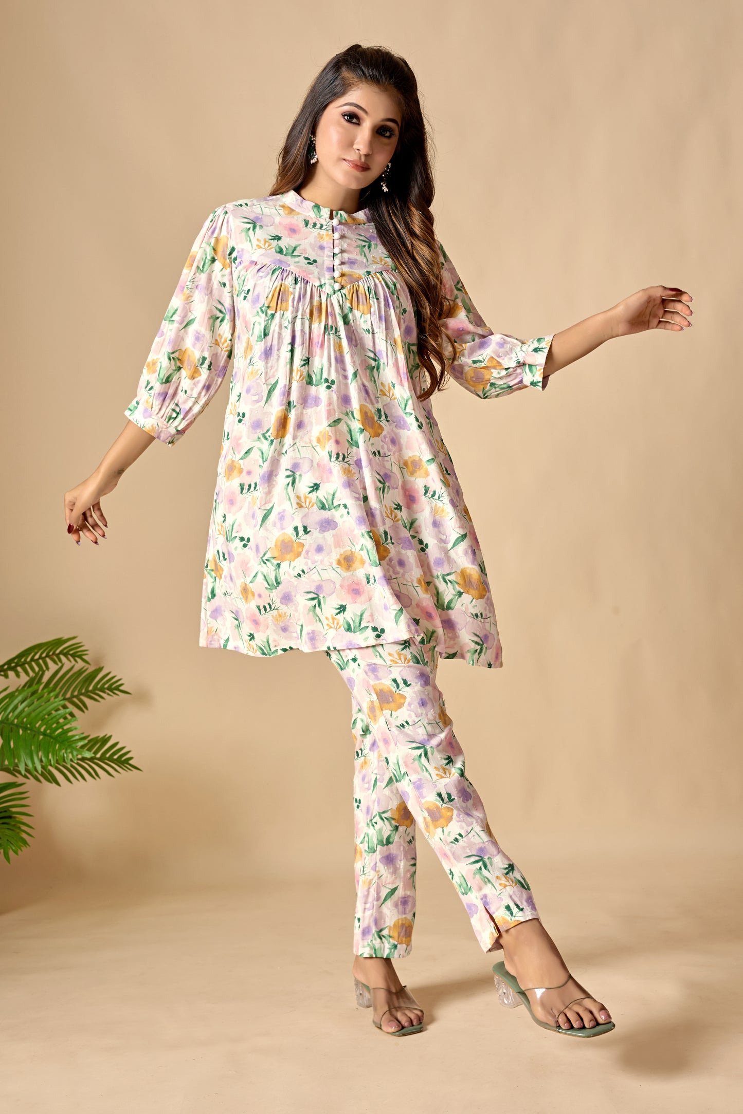 White Pure Cotton Floral Printed A-line Tunic Set