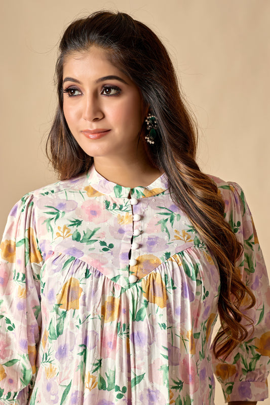 White Pure Cotton Floral Printed A-line Tunic Set