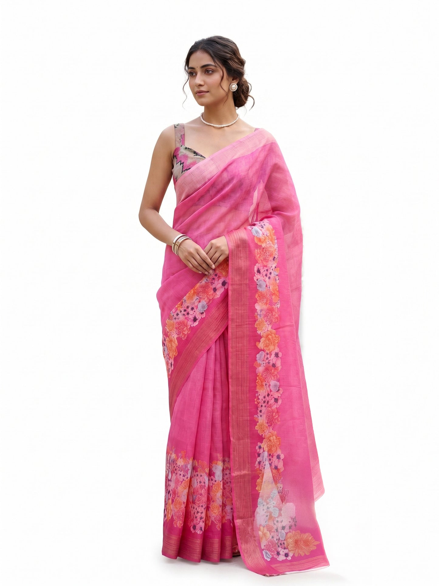 Maavish | Digital Floral Print Poly-Linen Saree Pink