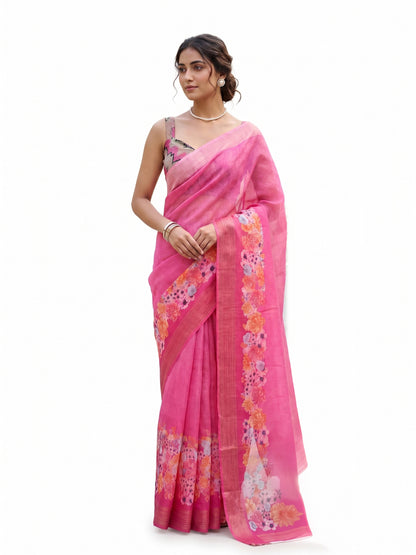 Maavish | Digital Floral Print Poly-Linen Saree Pink
