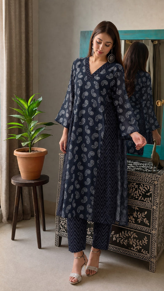 Black Paisley Kaftan Cum Kurta Set.