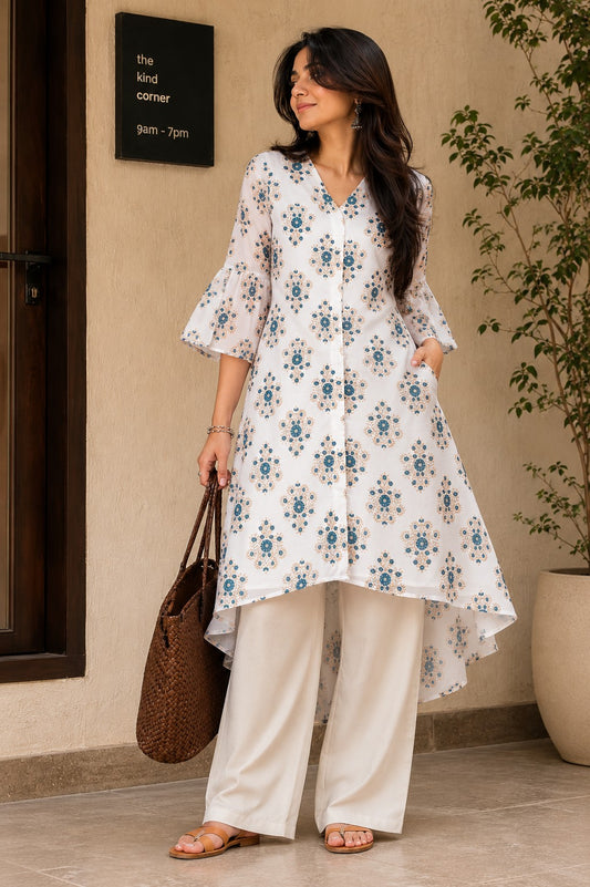 Leaf Pattern A Line Kurta Set.