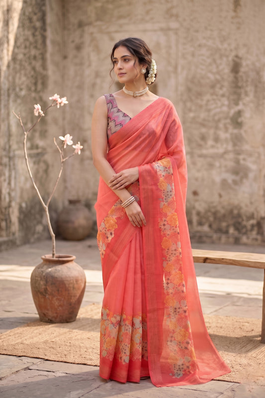 Maavish | Digital Floral Print Poly-Linen Saree Red
