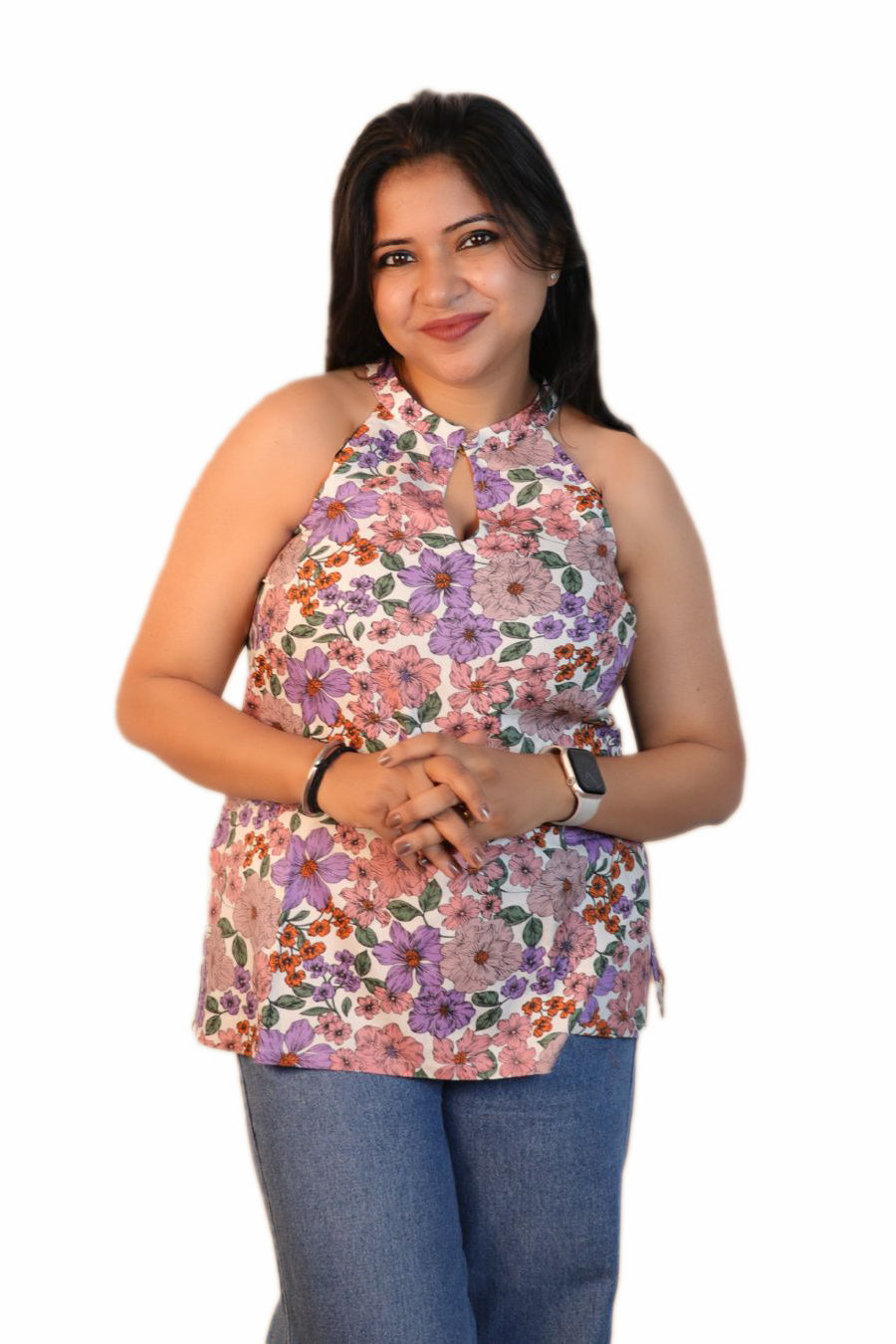 Maavish Women Multi Color Floral Printed Halter Neck Top with Tie-Up