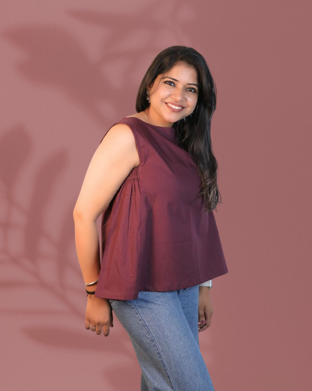 Maavish Wine Color Sleeveless Top with Side Smocking & Flared Hem Top