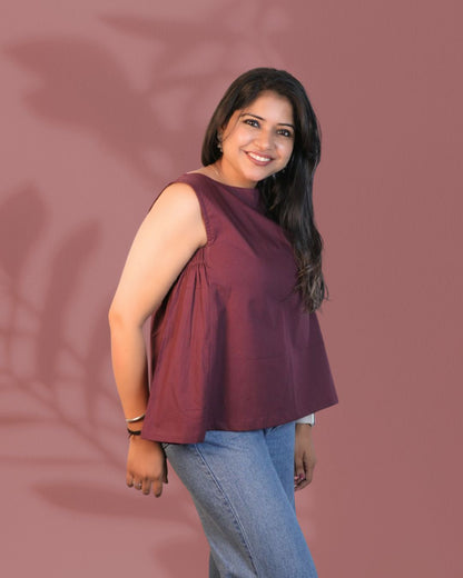 Maavish Wine Color Sleeveless Top with Side Smocking & Flared Hem Top
