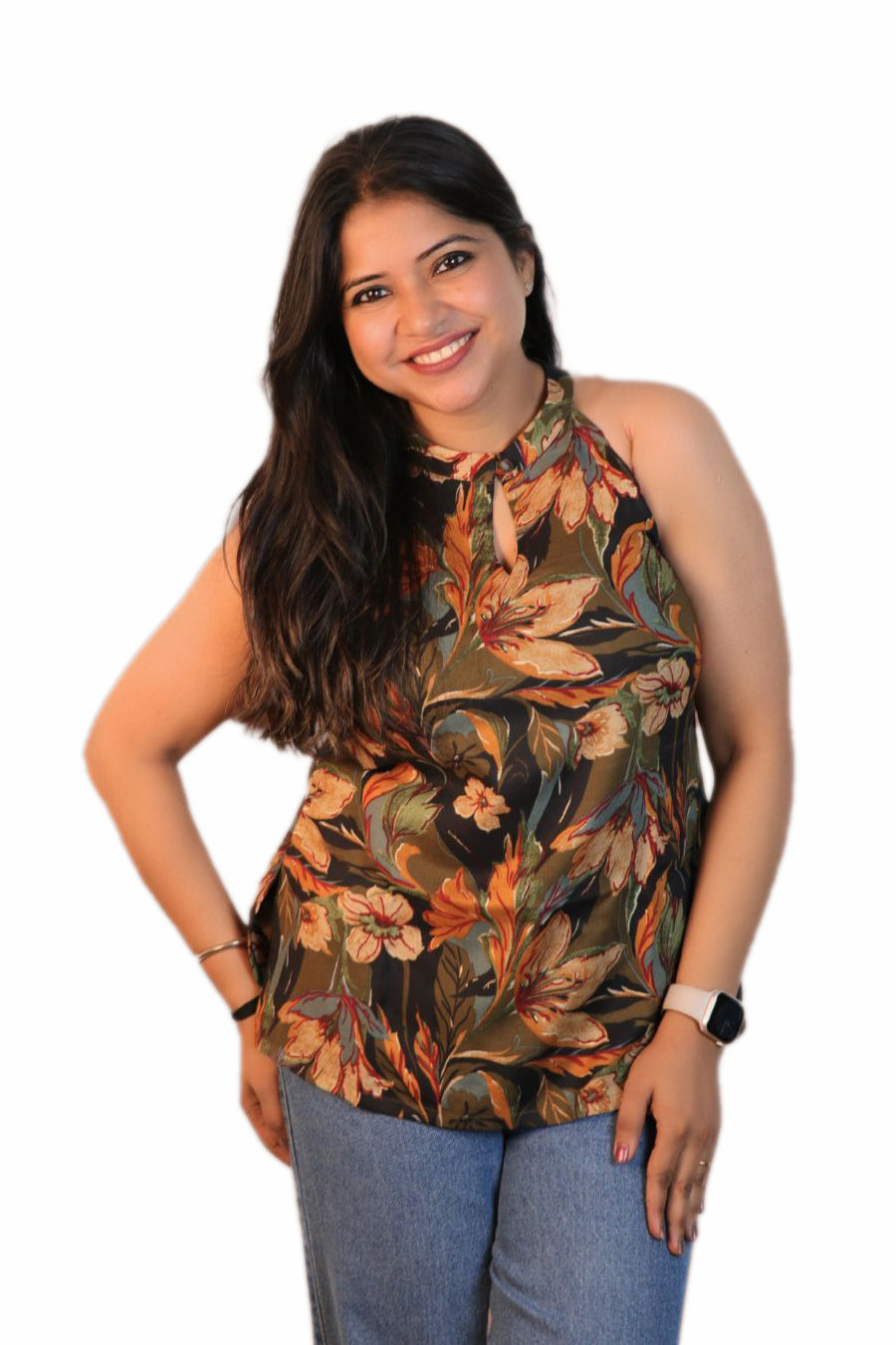 Maavish Women Black and Gree Floral Printed Halter Neck Top with Tie-Up