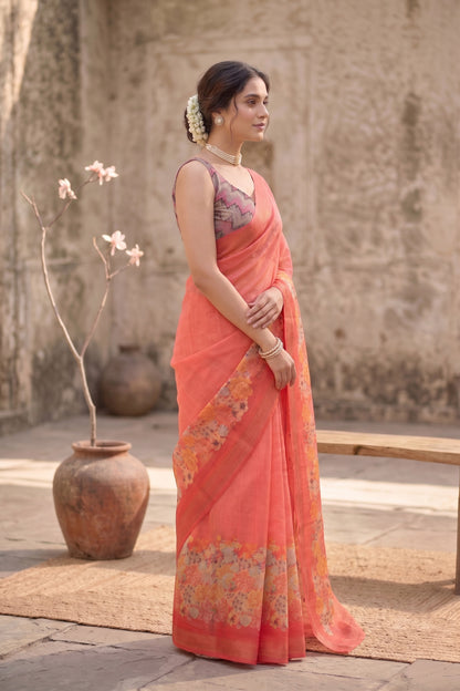 Maavish | Digital Floral Print Poly-Linen Saree Red