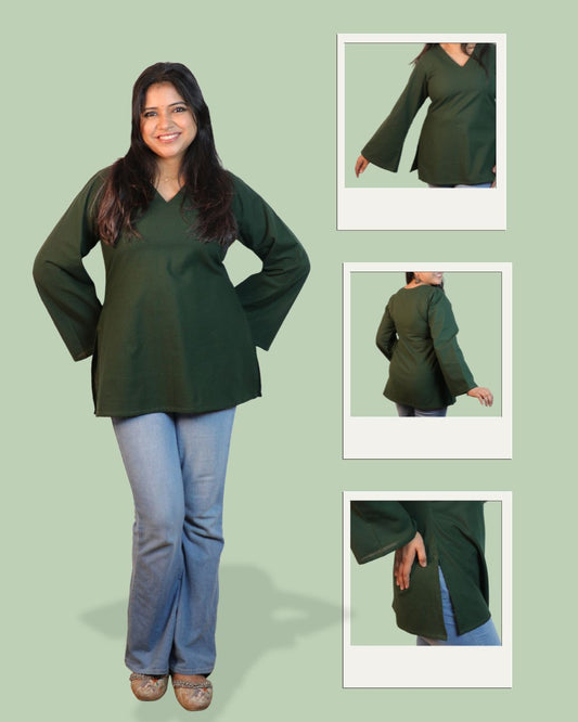 Solid Teal Green Bell Sleeve Short Kurta