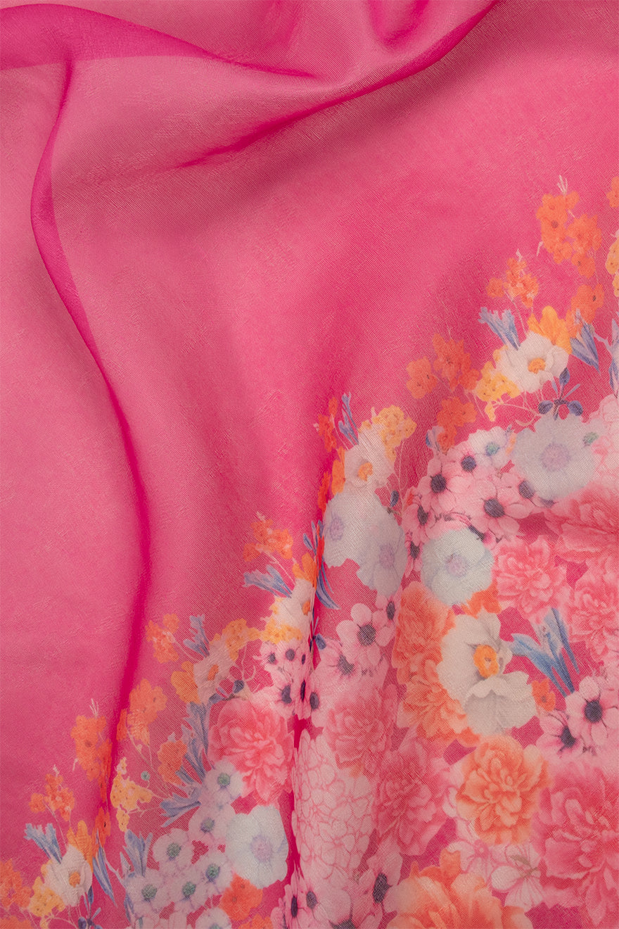 Maavish | Digital Floral Print Poly-Linen Saree Pink