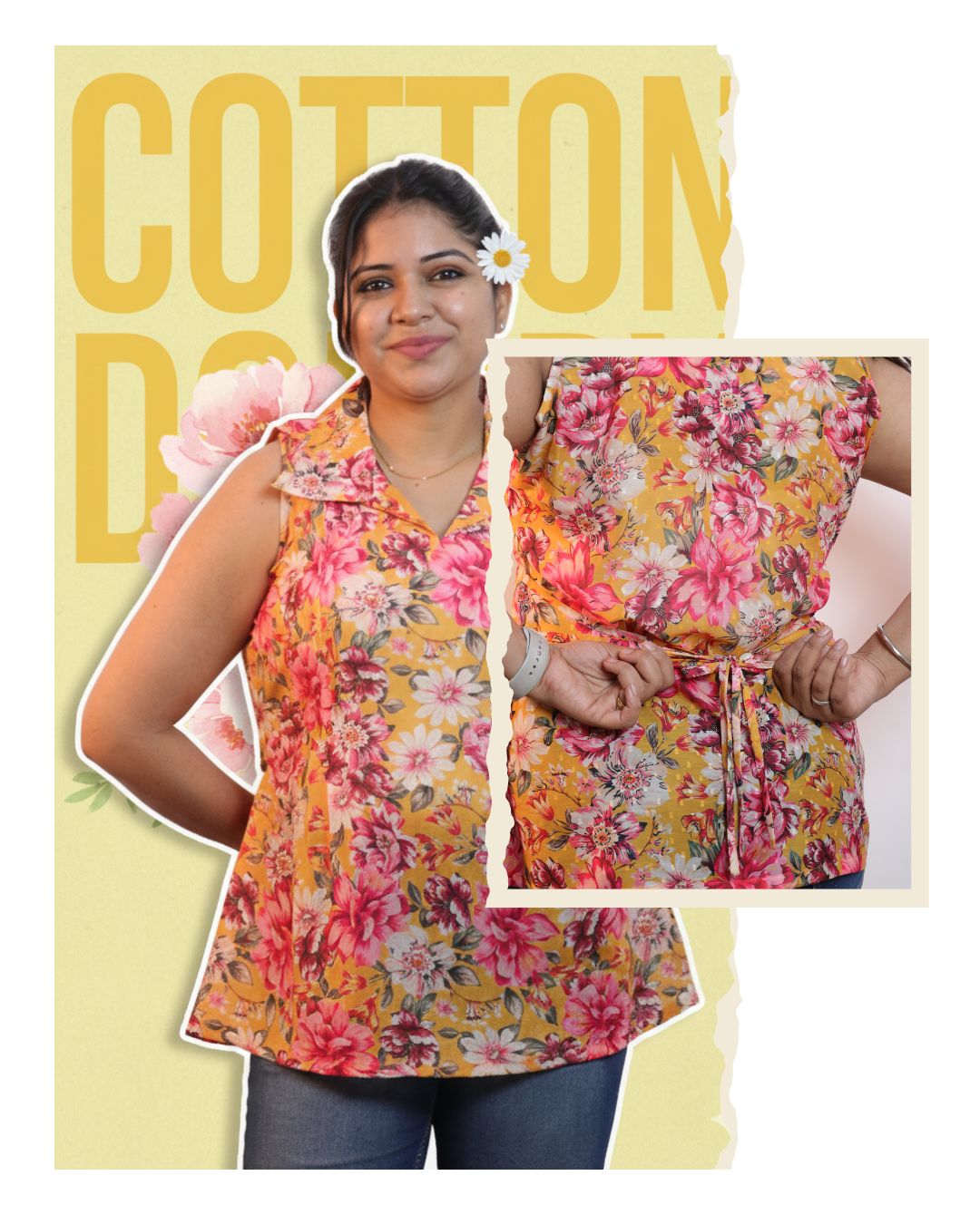 Yellow Floral Print Short Kurta Sleeveless