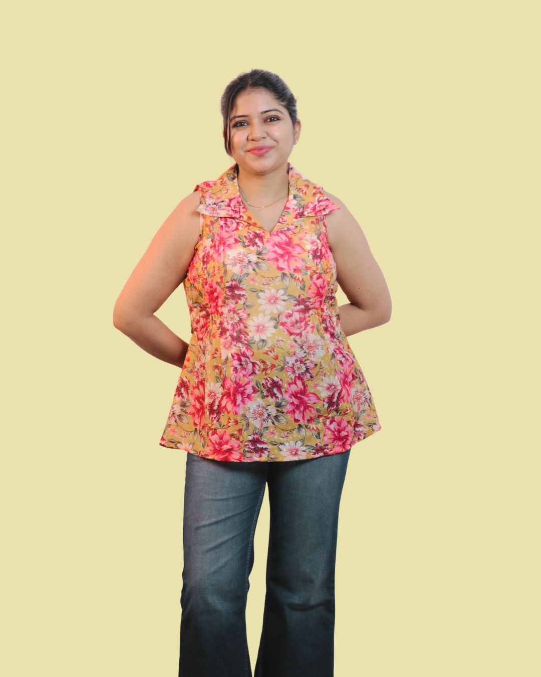 Yellow Floral Print Short Kurta Sleeveless