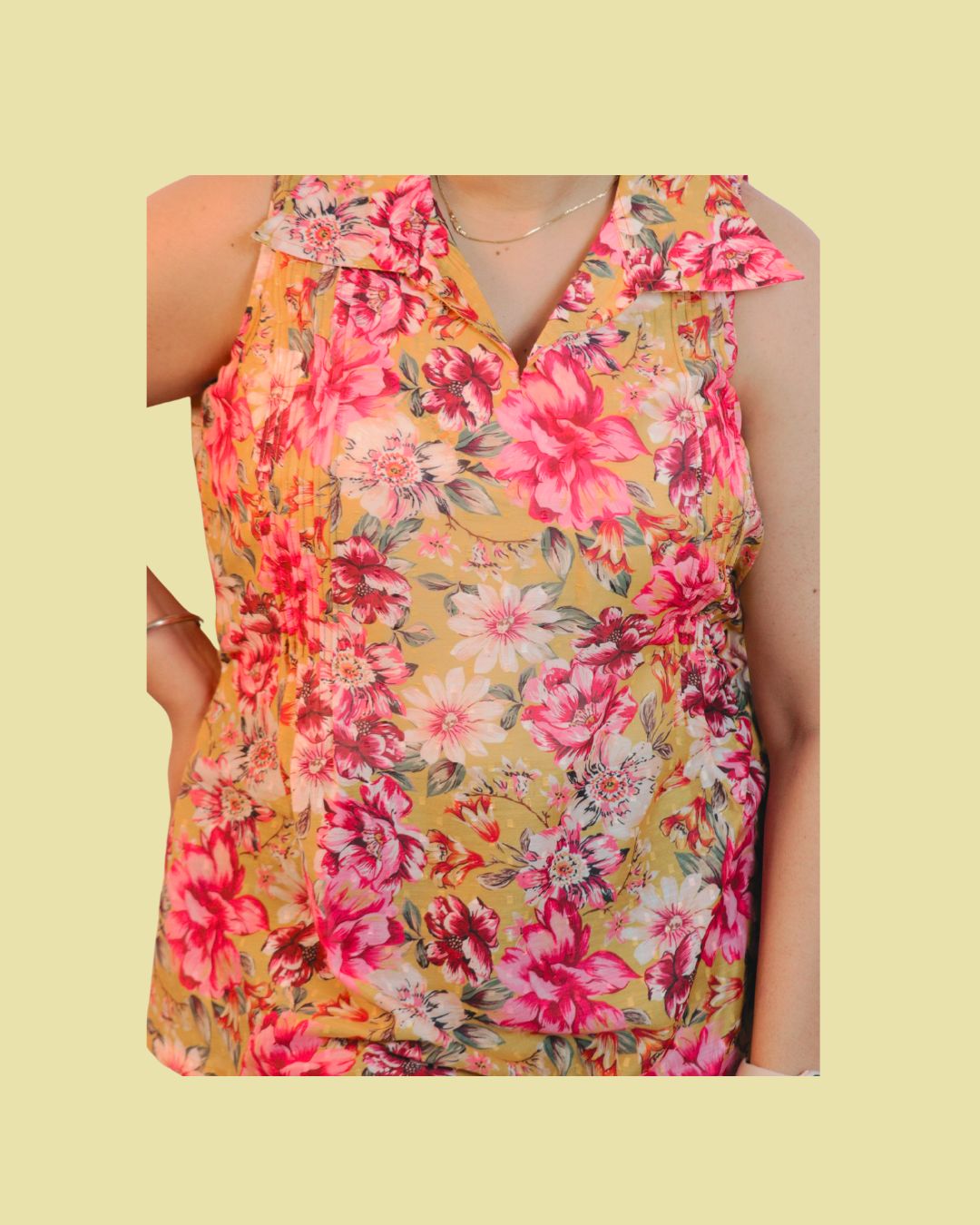 Yellow Floral Print Short Kurta Sleeveless