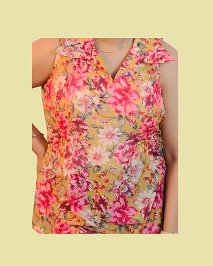 Yellow Floral Print Short Kurta Sleeveless