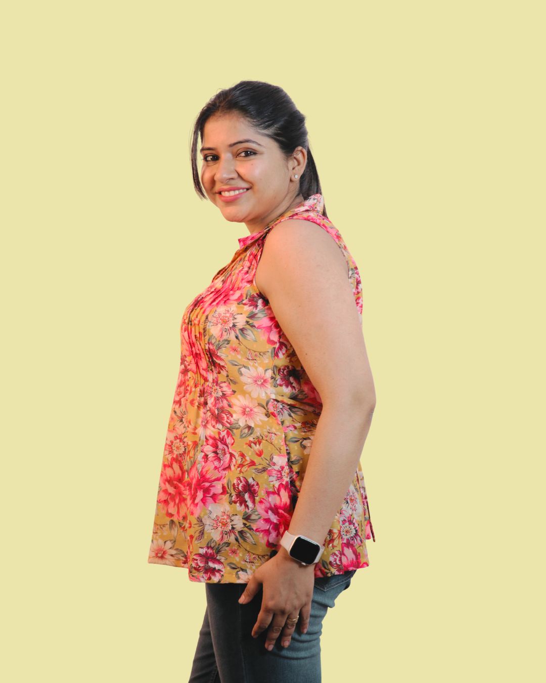 Yellow Floral Print Short Kurta Sleeveless