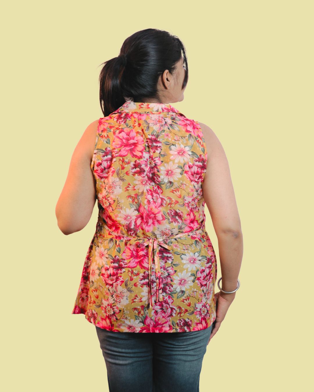 Yellow Floral Print Short Kurta Sleeveless