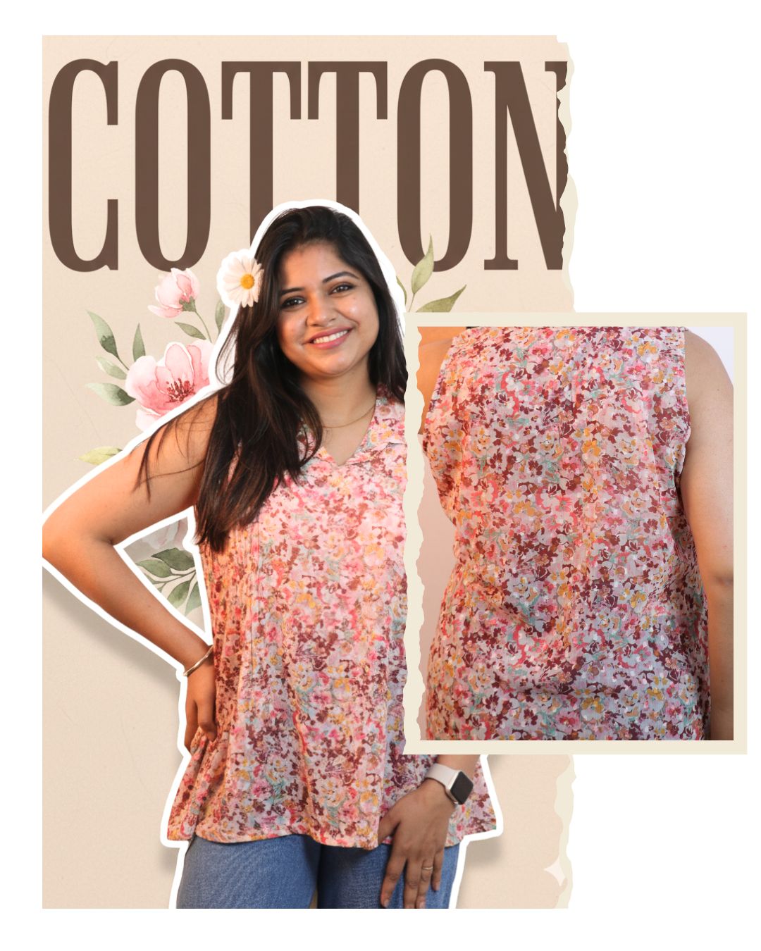 Peach Floral Print Short Kurta Sleeveless