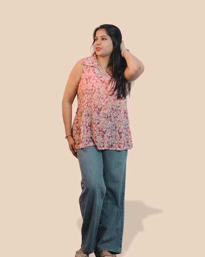 Peach Floral Print Short Kurta Sleeveless
