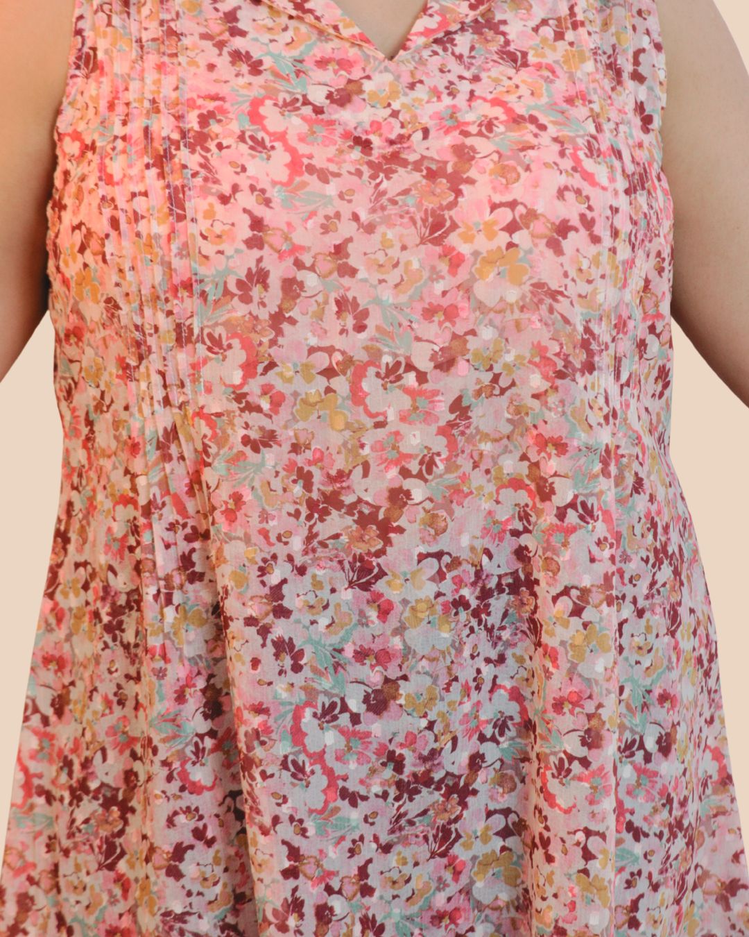 Peach Floral Print Short Kurta Sleeveless