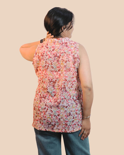 Peach Floral Print Short Kurta Sleeveless