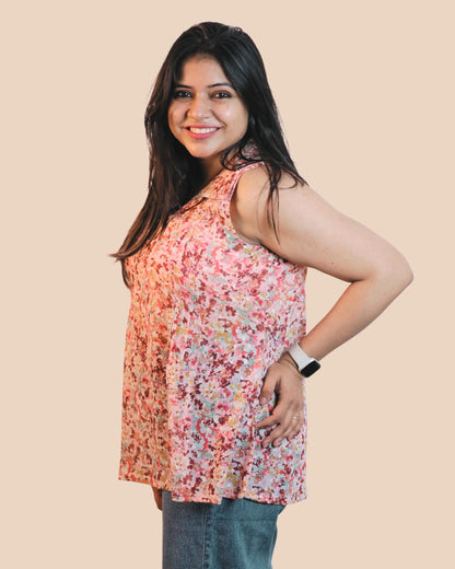 Peach Floral Print Short Kurta Sleeveless