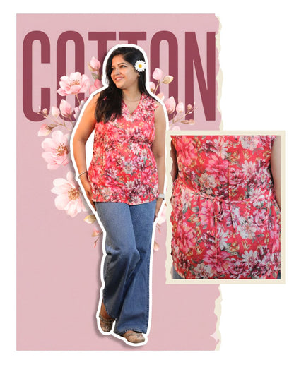 Red Floral Print Short Kurta Sleeveless