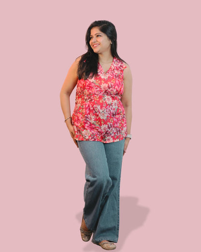 Red Floral Print Short Kurta Sleeveless