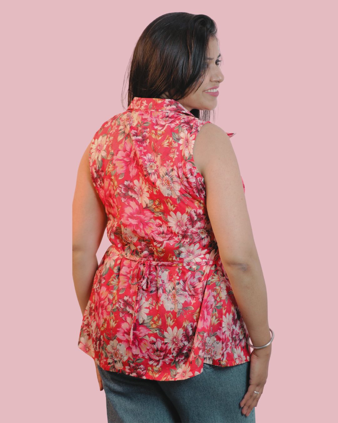 Red Floral Print Short Kurta Sleeveless