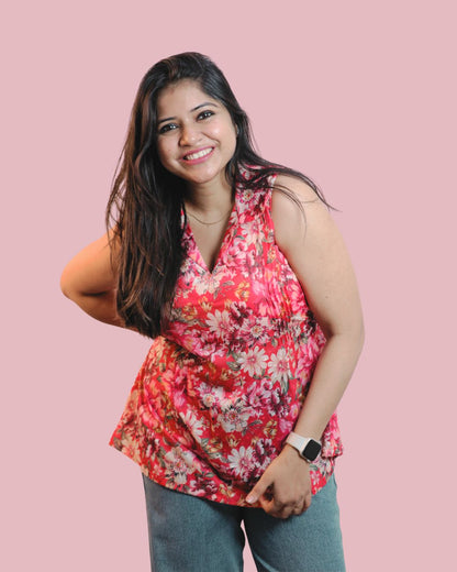 Red Floral Print Short Kurta Sleeveless