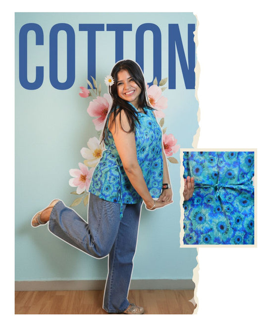 Blue Floral Print Short Kurta Sleeveless