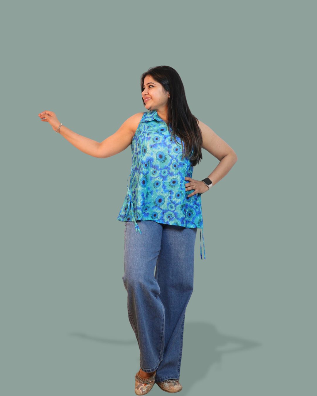 Blue Floral Print Short Kurta Sleeveless