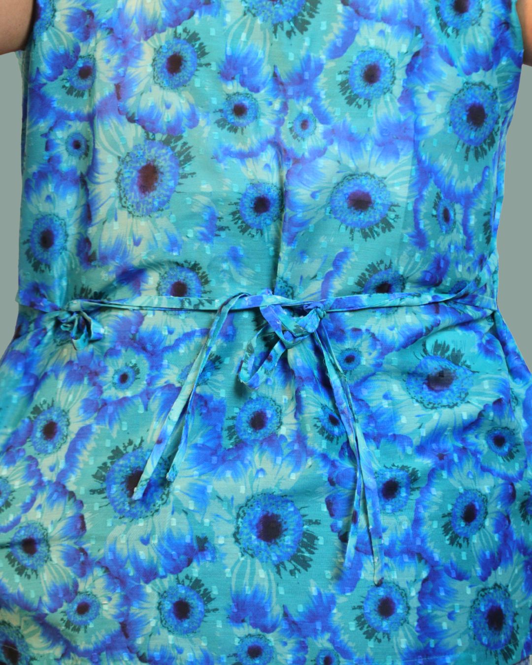 Blue Floral Print Short Kurta Sleeveless