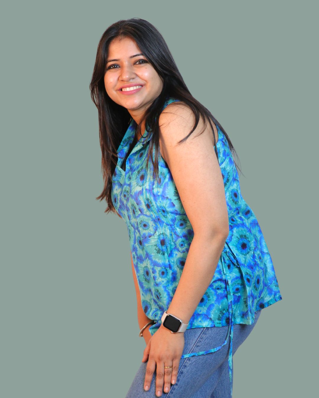 Blue Floral Print Short Kurta Sleeveless