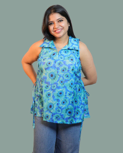 Blue Floral Print Short Kurta Sleeveless