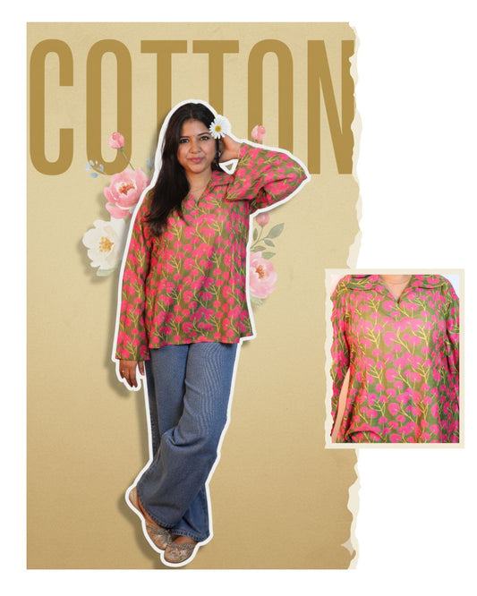 Green And Pink Floral Print Short Kurta Retro Sleeve