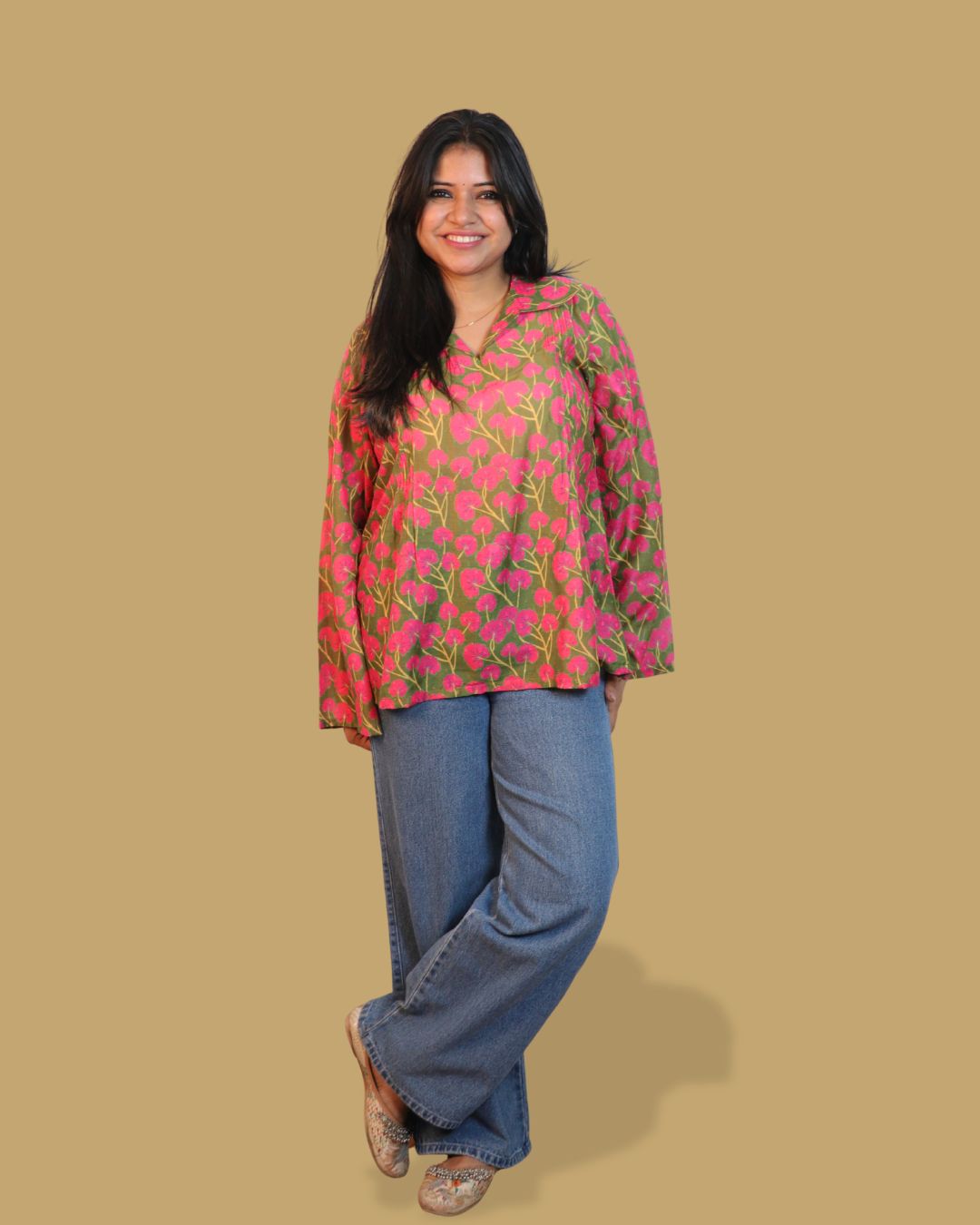Green And Pink Floral Print Short Kurta Retro Sleeve