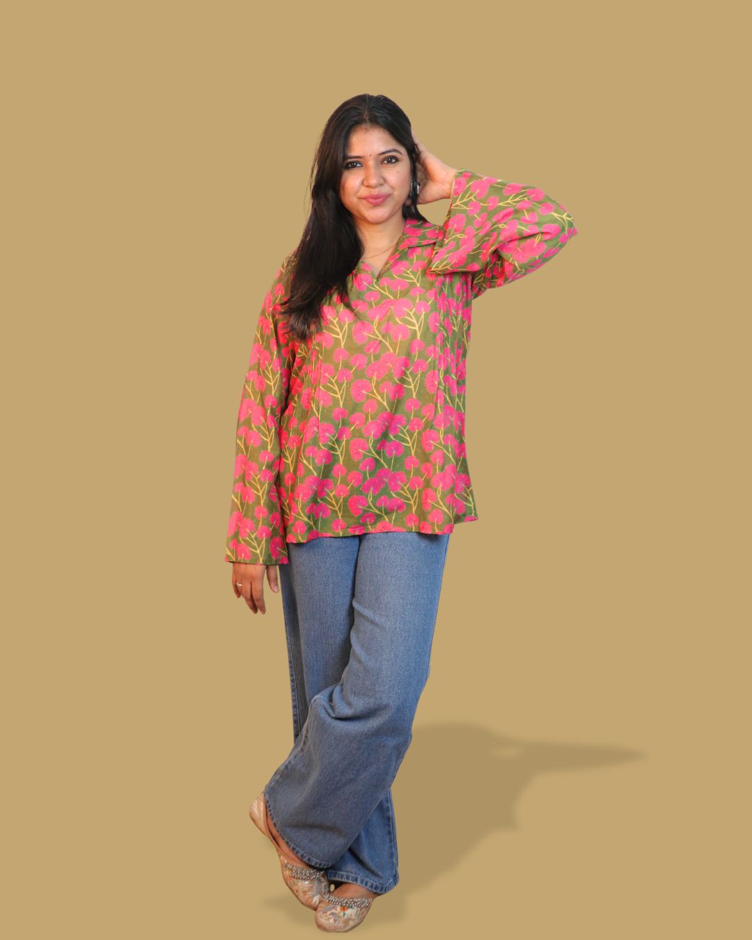 Green And Pink Floral Print Short Kurta Retro Sleeve