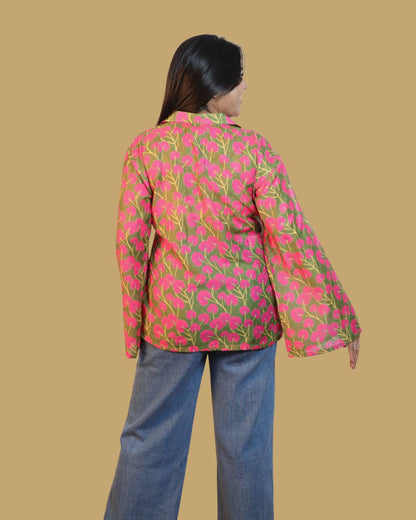 Green And Pink Floral Print Short Kurta Retro Sleeve